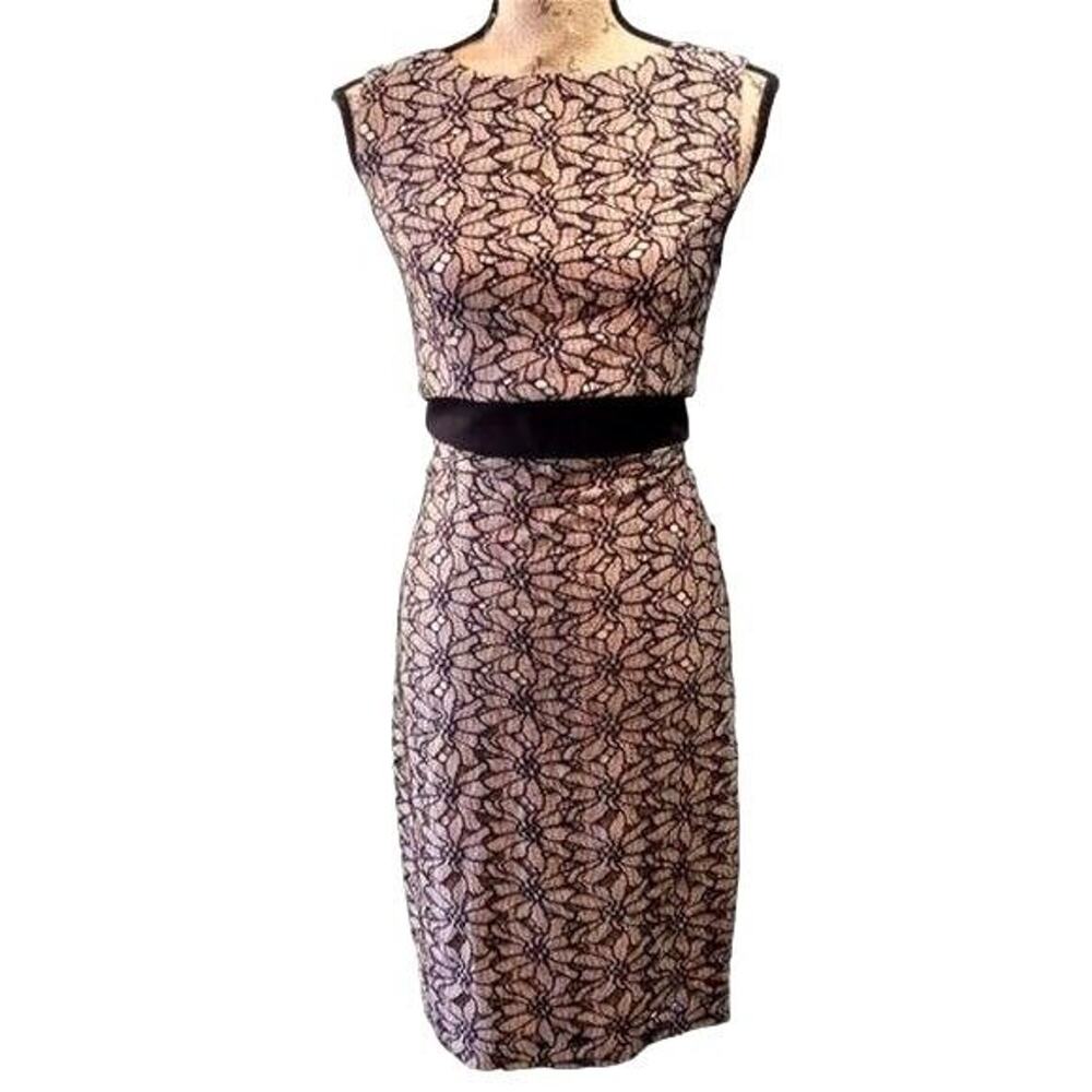 Eva Franco Nude & Black Floral Cut Out Button Back Sheath Dress 0